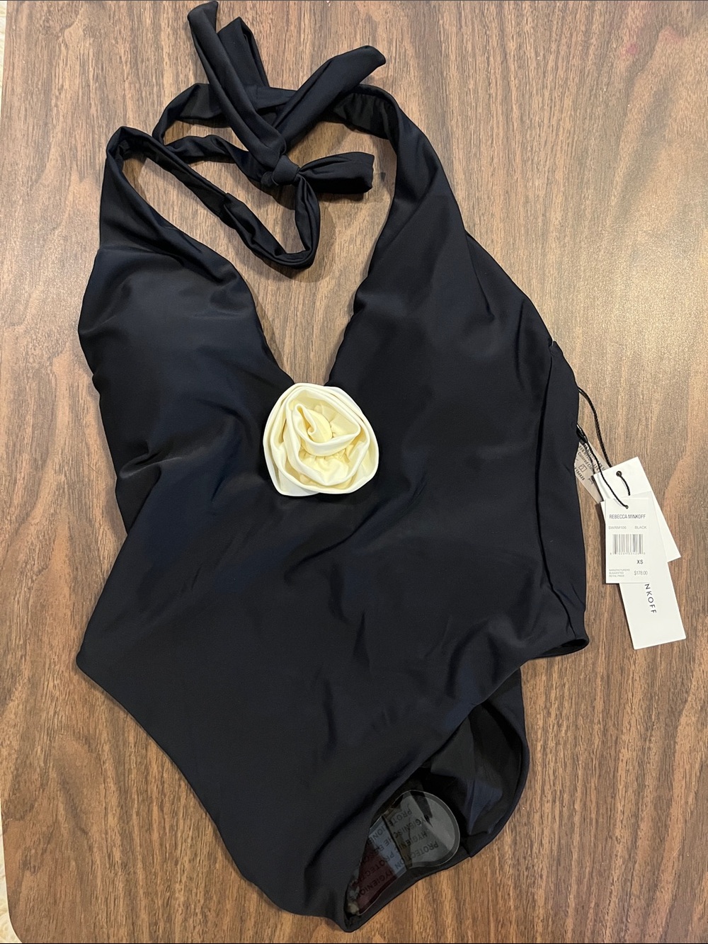 Rebecca Minkoff Black One-Piece Swimsuit with Cream Rosette